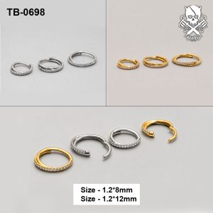 Golden and silver half-pavé zircon ASTM F-136 titanium clicker rings in 8mm and 12mm sizes