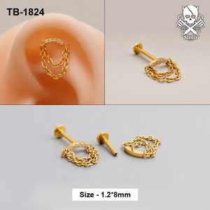 Golden double draped chain zircon arc ASTM F-136 titanium flat-back labret stud