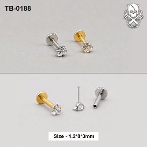 Golden and silver titanium push-pin labret studs with clear round stones