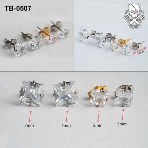 Silver and golden titanium stud earrings with clear square-cut stones and butterfly backs