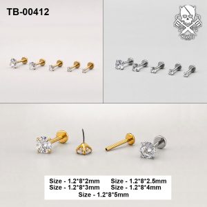 Golden and silver round solitaire zircon titanium flat-back labret studs in five stone sizes