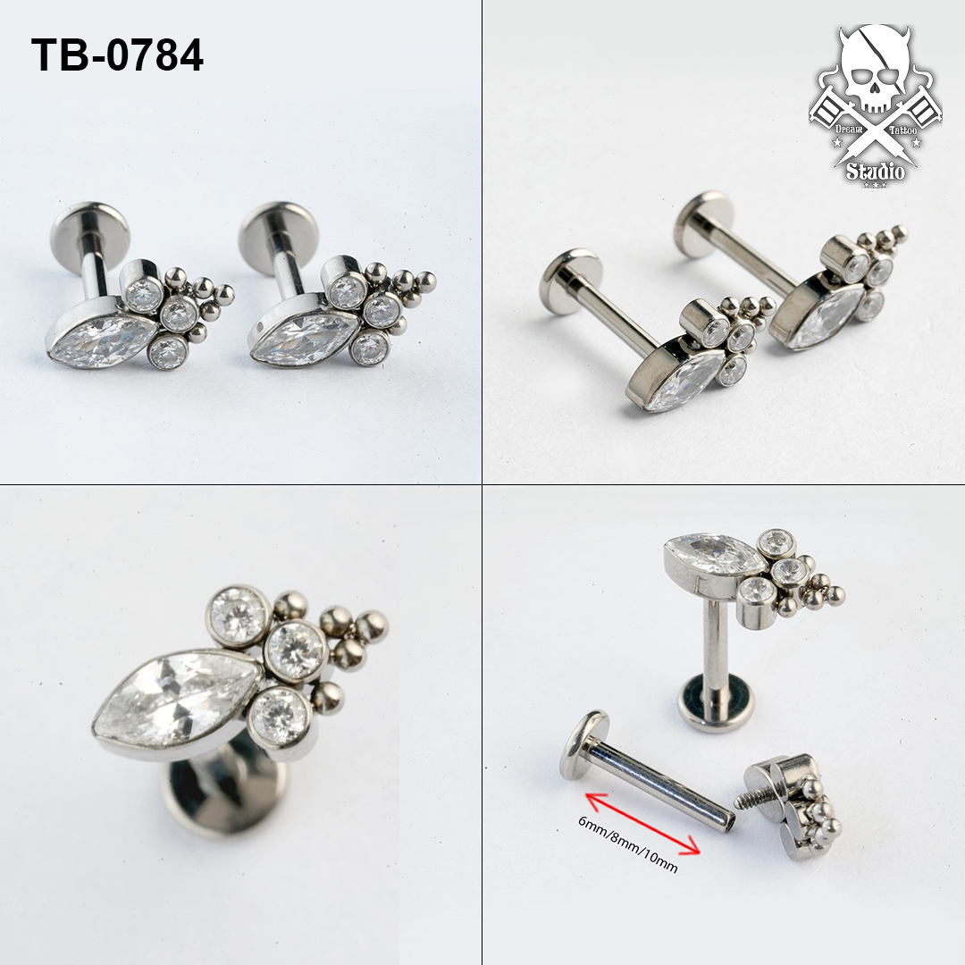 Silver marquise and round zircon ASTM F-136 titanium cluster labret stud