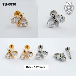 Zircon bee ASTM F-136 titanium labret stud in golden and silver