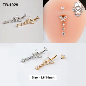Butterfly chain dangle zircon ASTM F-136 titanium navel barbell in golden and silver