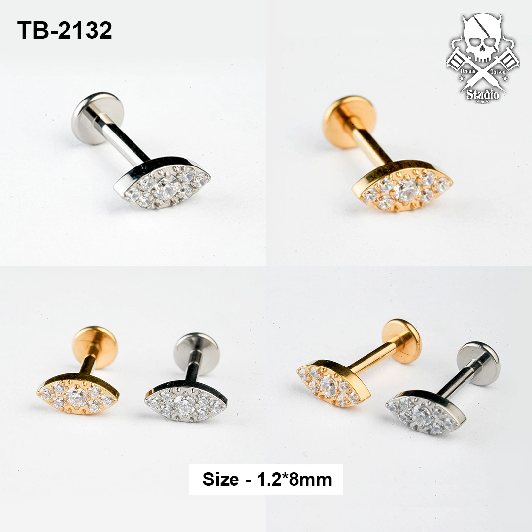 Pavé eye zircon ASTM F-136 titanium flat-back labret studs in golden and silver