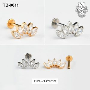 Five marquise crown zircon ASTM F-136 titanium flat-back labret studs in golden and silver