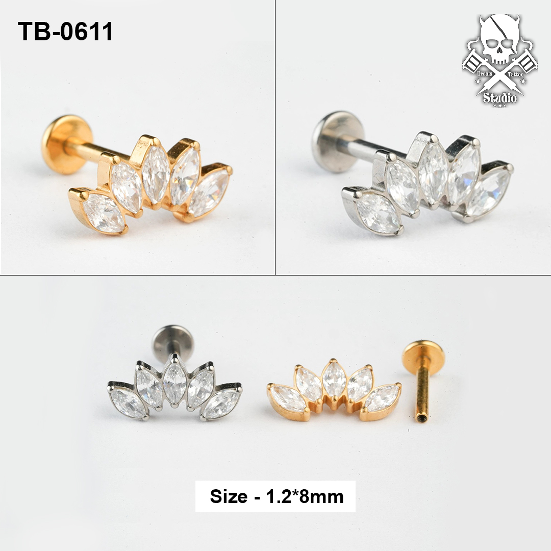 Five marquise crown zircon ASTM F-136 titanium flat-back labret studs in golden and silver