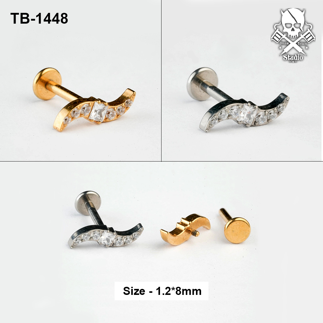 Curved square-centre zircon ASTM F-136 titanium labret studs in golden and silver