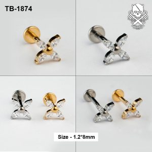 Four-petal marquise zircon ASTM F-136 titanium labret studs in golden and silver