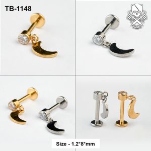 Crescent moon dangle zircon ASTM F-136 titanium labret studs in golden and silver