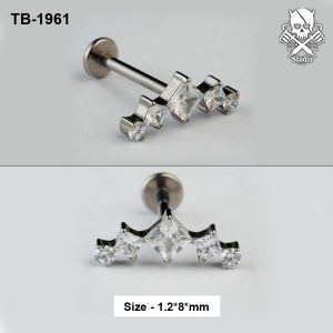 Five-stone princess crown zircon ASTM F-136 titanium flat-back labret stud