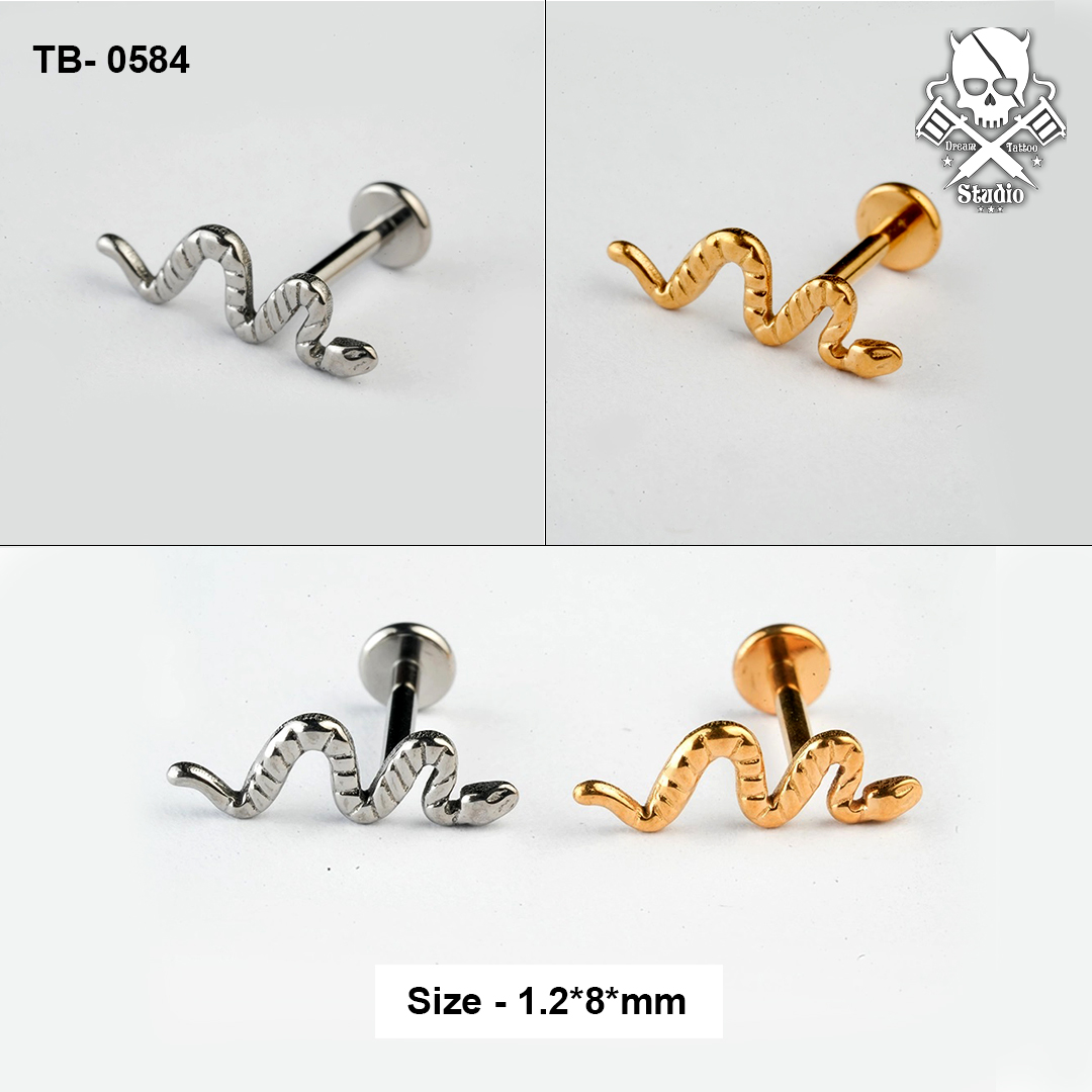 Textured snake ASTM F-136 titanium flat-back labret studs in golden and silver