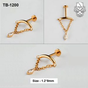 Golden curved bar chain dangle zircon ASTM F-136 titanium flat-back labret stud