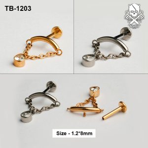Golden and silver curved bar chain teardrop zircon ASTM F-136 titanium flat-back labret studs