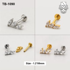 Golden and silver triple marquise zircon leaf ASTM F-136 titanium flat-back labret studs