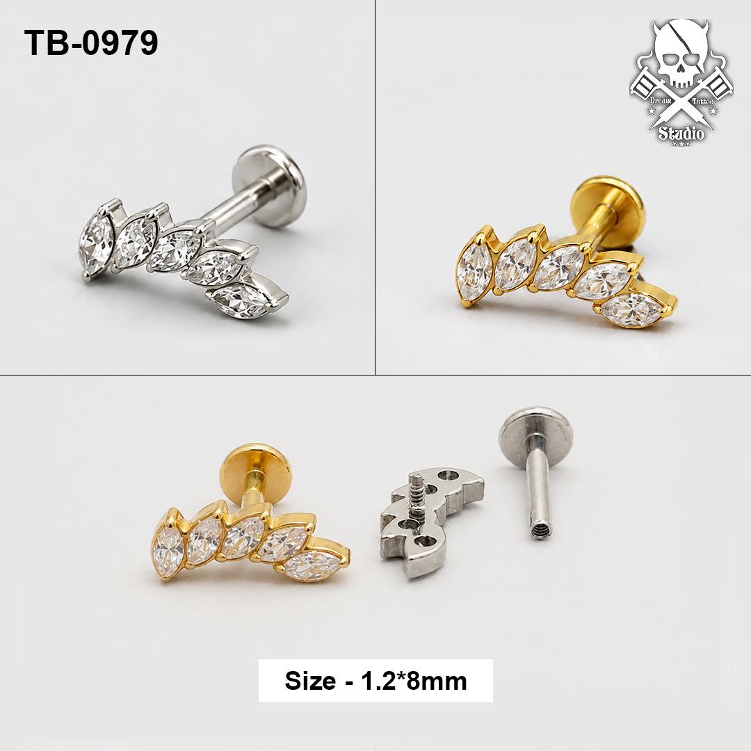 Golden and silver five marquise zircon curved leaf ASTM F-136 titanium flat-back labret studs
