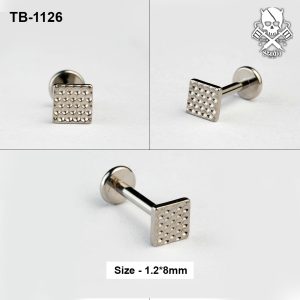 Silver textured square ASTM F-136 titanium flat-back labret stud