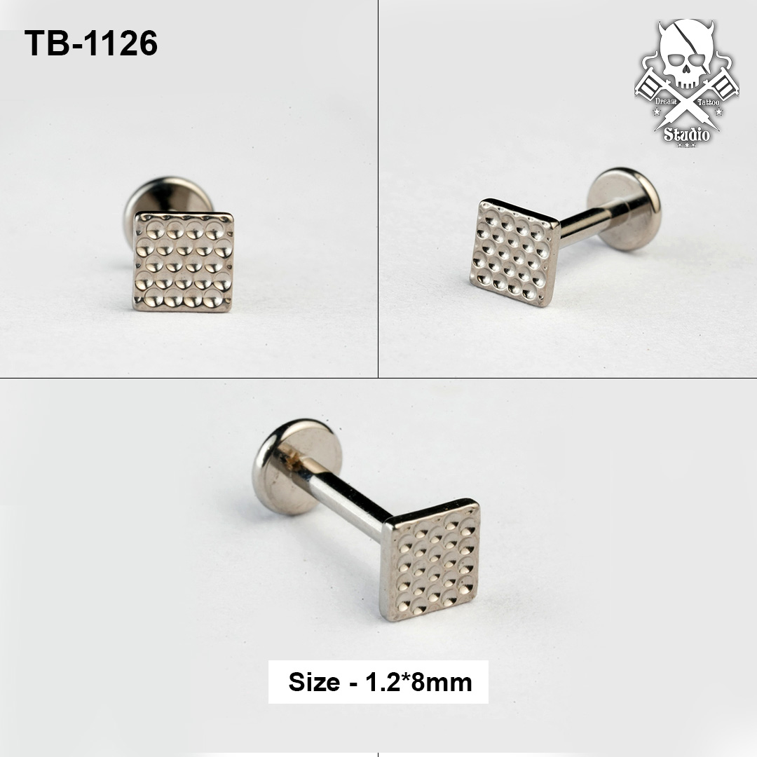 Silver textured square ASTM F-136 titanium flat-back labret stud