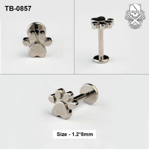 Silver paw print ASTM F-136 titanium flat-back labret stud