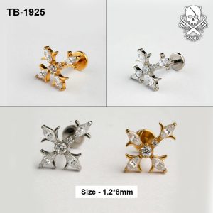 Golden and silver four marquise zircon starburst ASTM F-136 titanium flat-back labret studs