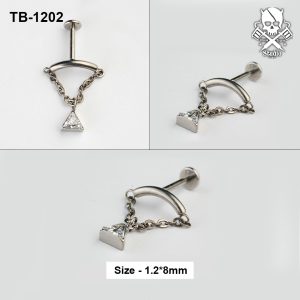 Silver curved bar chain triangle zircon ASTM F-136 titanium flat-back labret stud