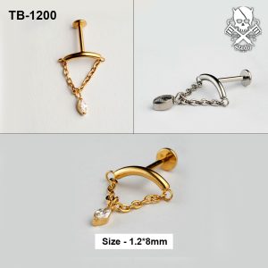 Golden and silver curved bar chain dangle zircon ASTM F-136 titanium flat-back labret studs