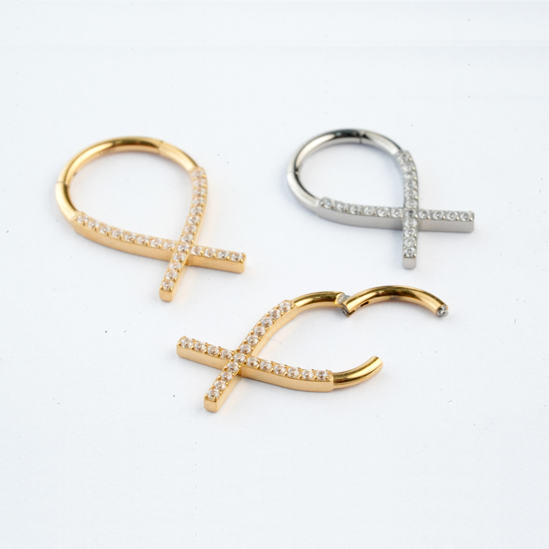 Zircon Ankh ASTM F-136 titanium clicker ring in golden and silver