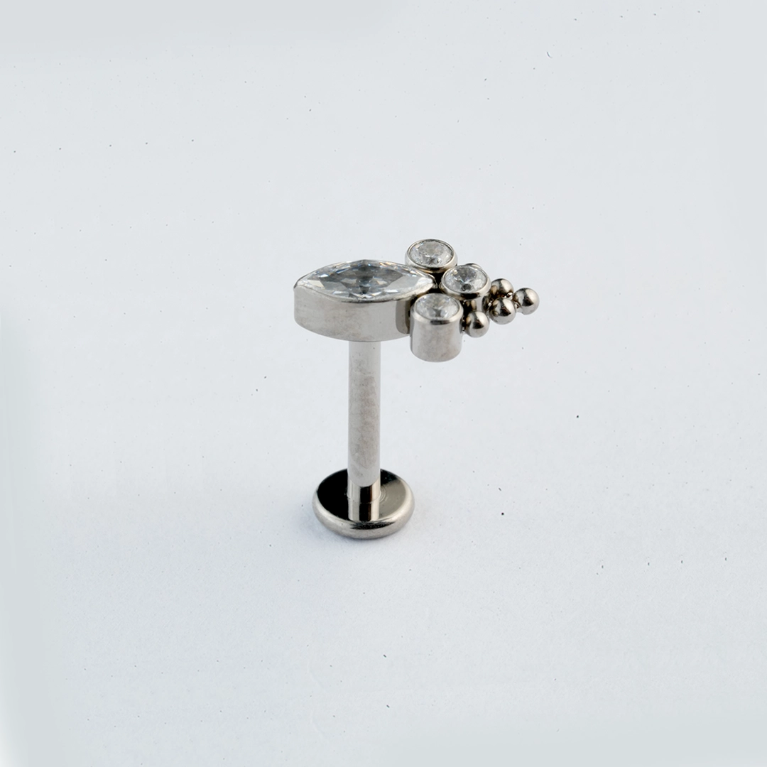 Silver marquise and round zircon ASTM F-136 titanium cluster labret stud
