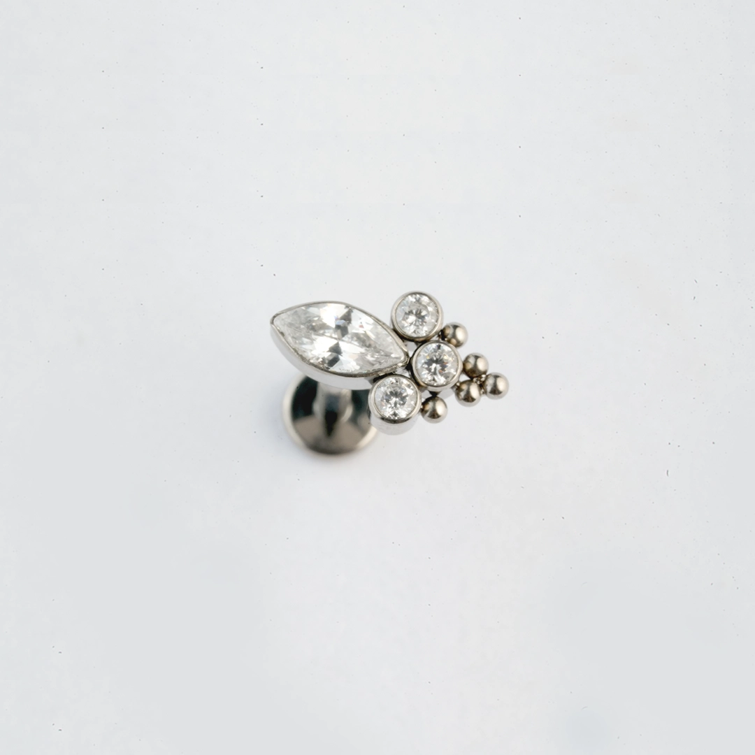 Silver marquise and round zircon ASTM F-136 titanium cluster labret stud