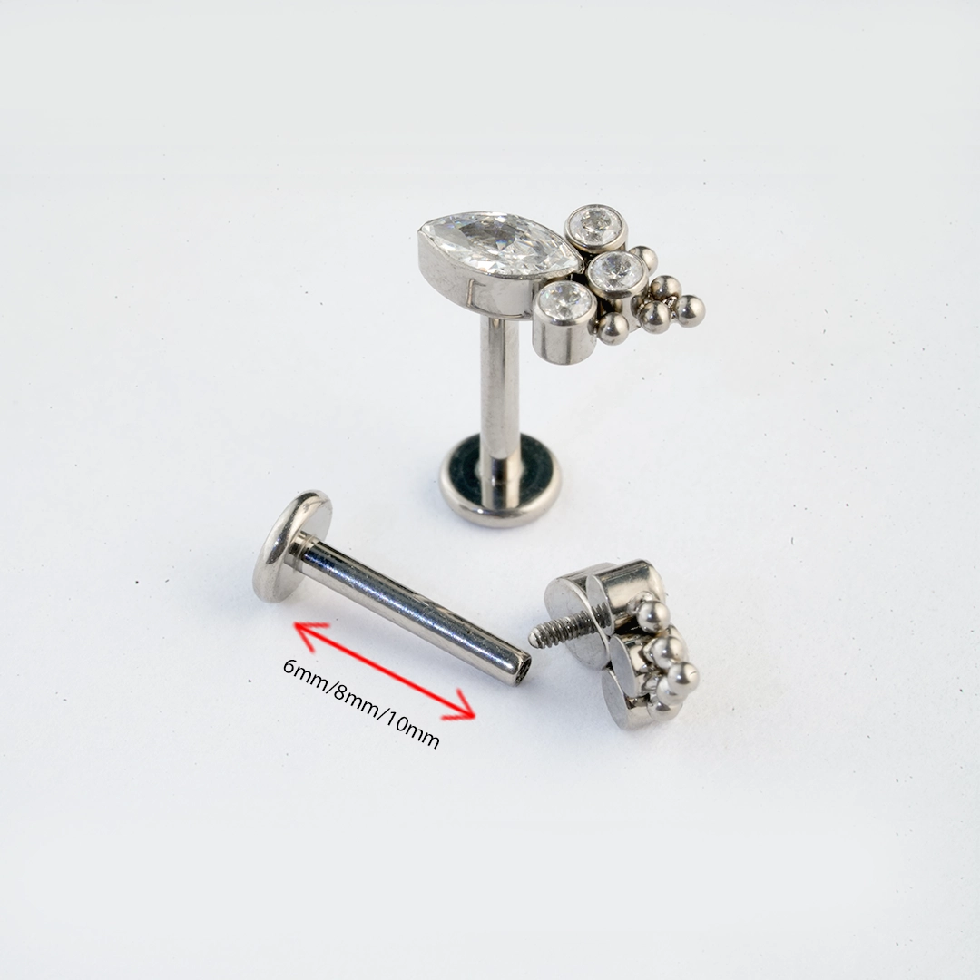 Silver marquise and round zircon ASTM F-136 titanium cluster labret stud